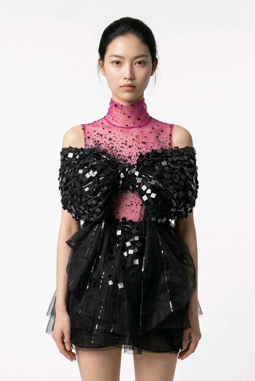 BLACK BOW SEQUINS SILK ORGANZA MINI DRESS