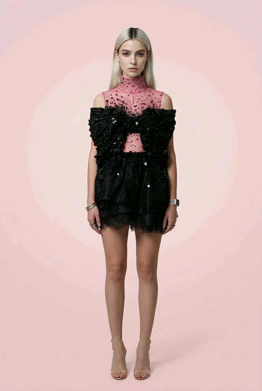 BLACK BOW SEQUINS SILK ORGANZA MINI DRESS