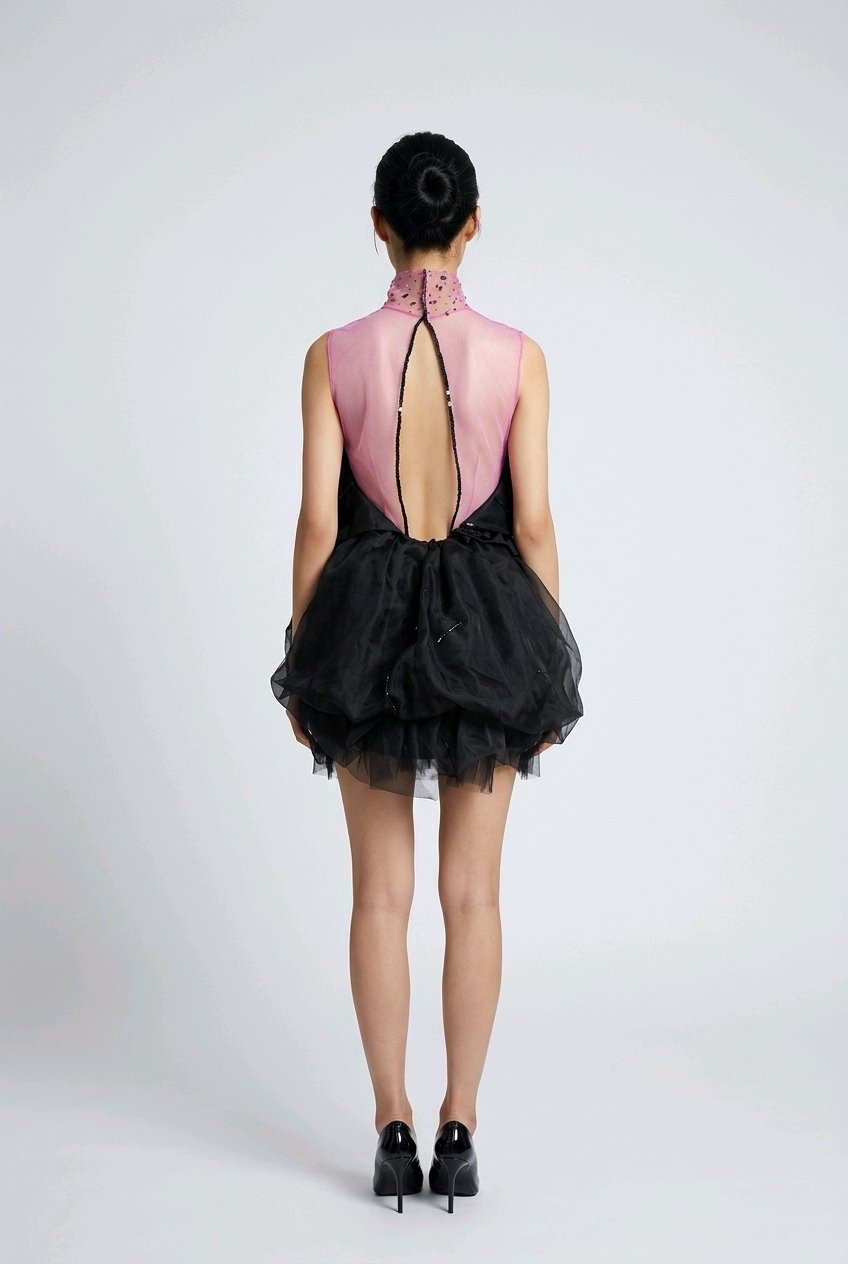 BLACK BOW SEQUINS SILK ORGANZA MINI DRESS