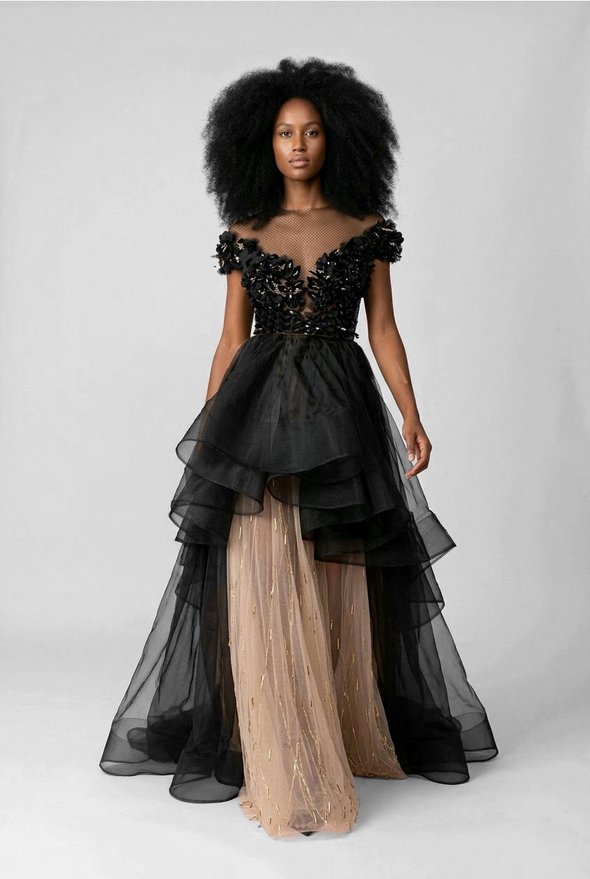 BLACK SILK ORGANZA LACK LEATHER SILK GOWN