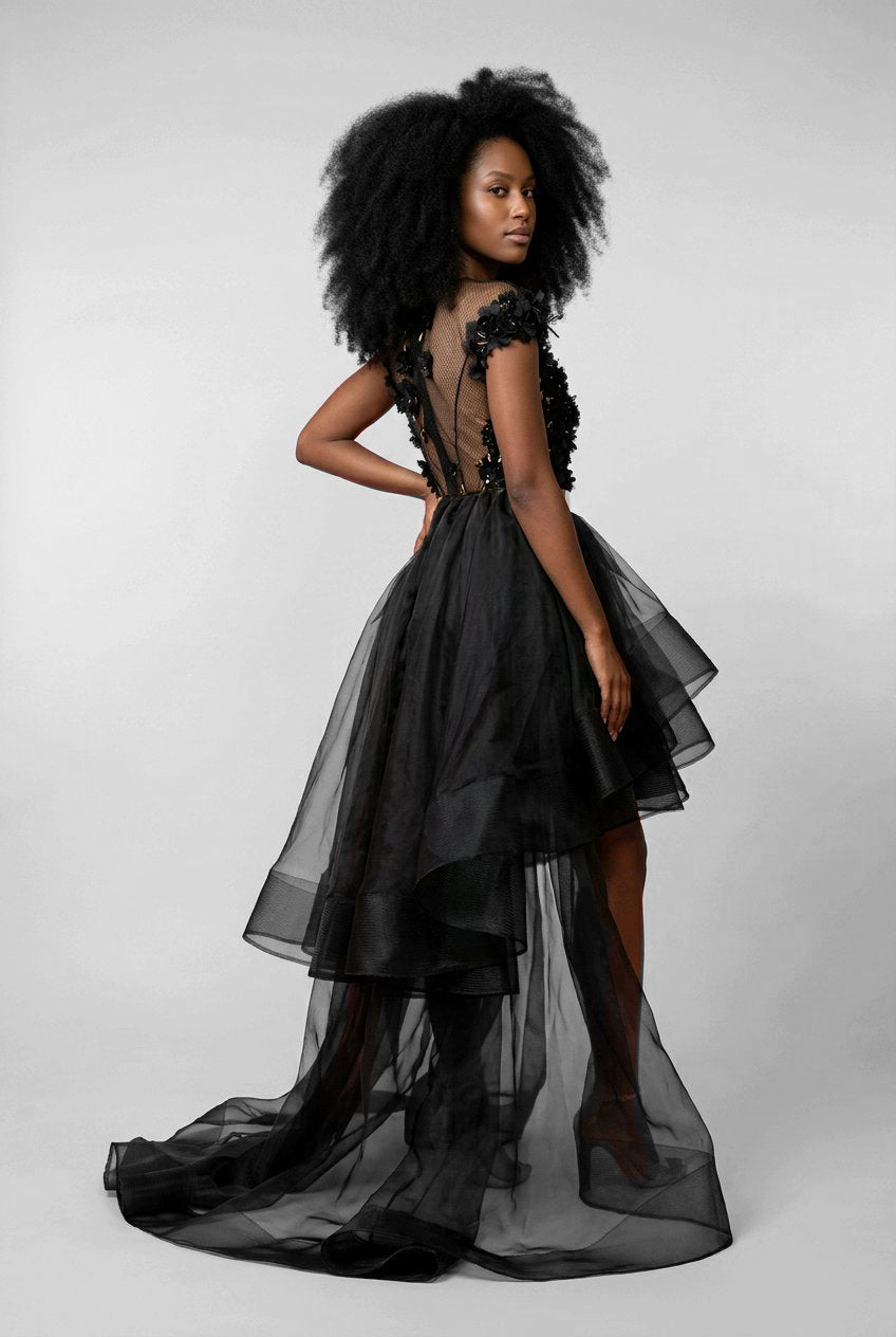 BLACK SILK ORGANZA LACK LEATHER SILK GOWN
