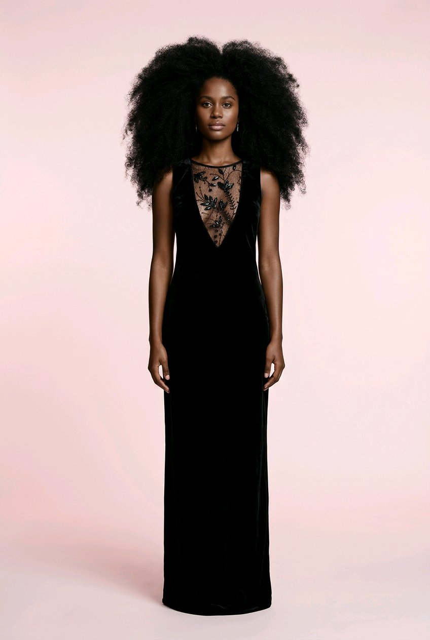 BLACK VELVET V FORM HAND EMBROIDERED COCKTAIL DRESS
