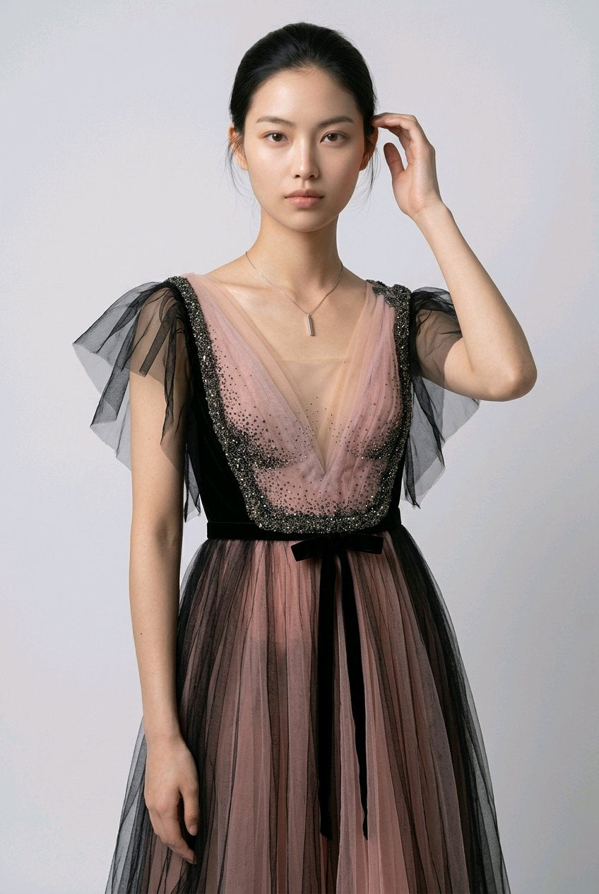BLACK BLUSH TULLE V NECK  EVENT DRESS