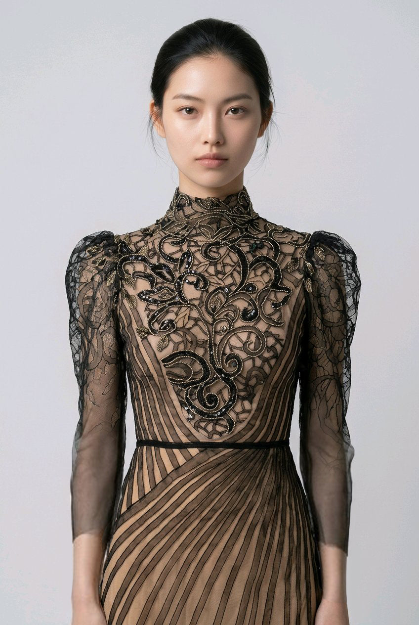 BLACK NUDE SILK ORGANZA EMBROIDERED COCKTAIL DRESS