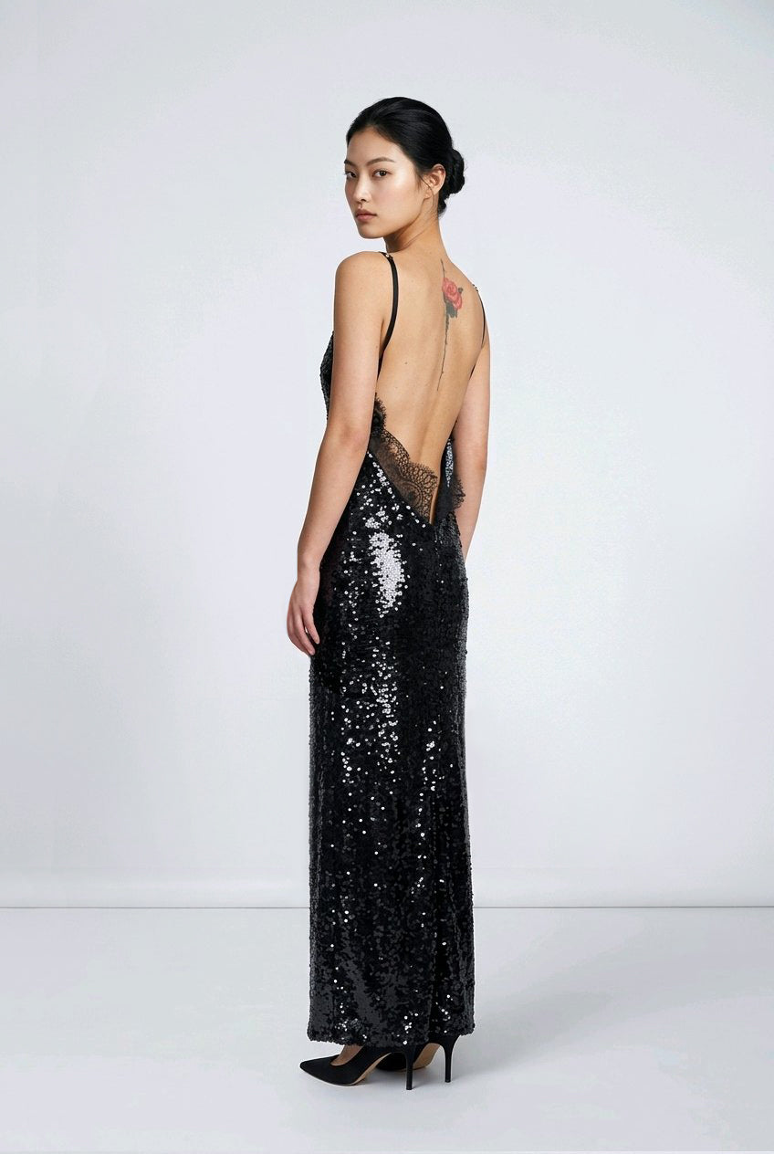 BLACK SEQUINS LACE EVENING COCKTAIL DRESS