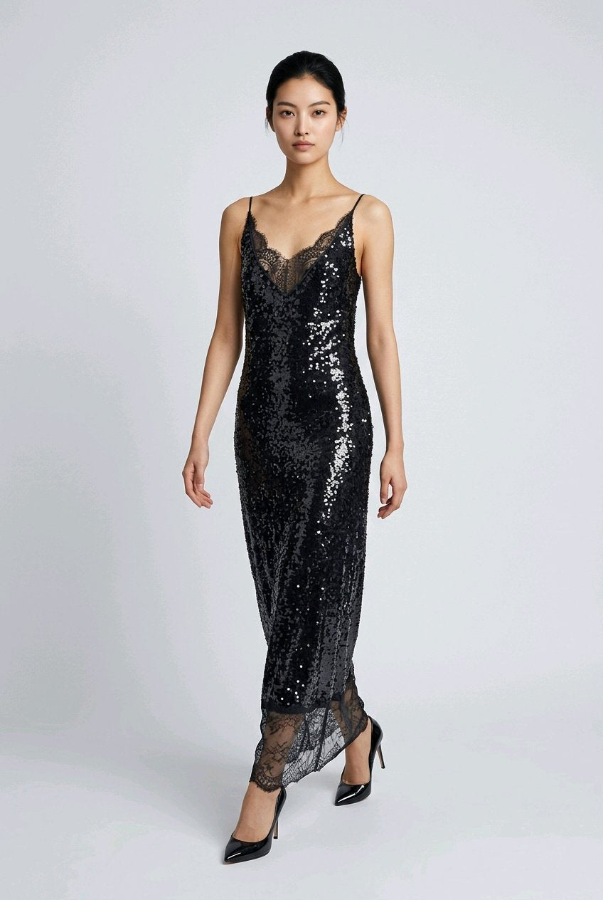 BLACK SEQUINS LACE EVENING COCKTAIL DRESS