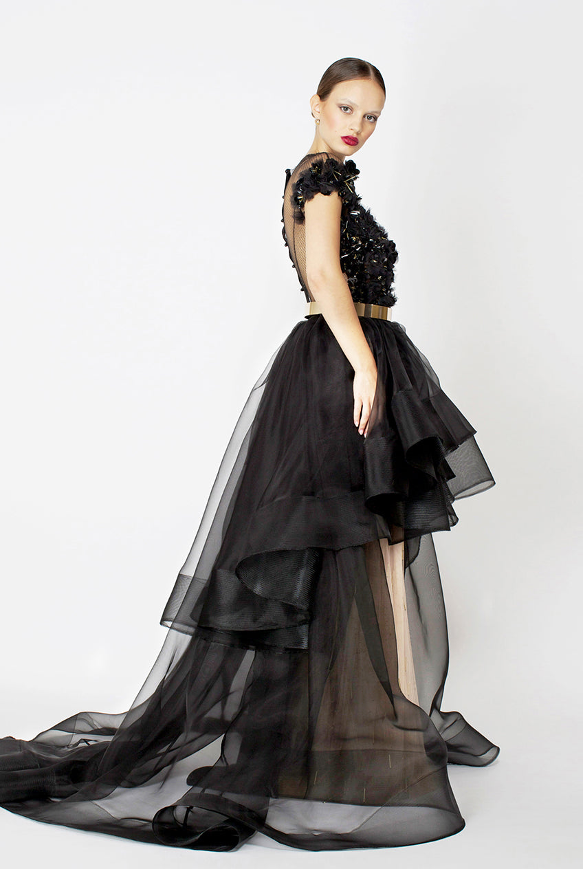 BLACK SILK ORGANZA LACK LEATHER SILK GOWN