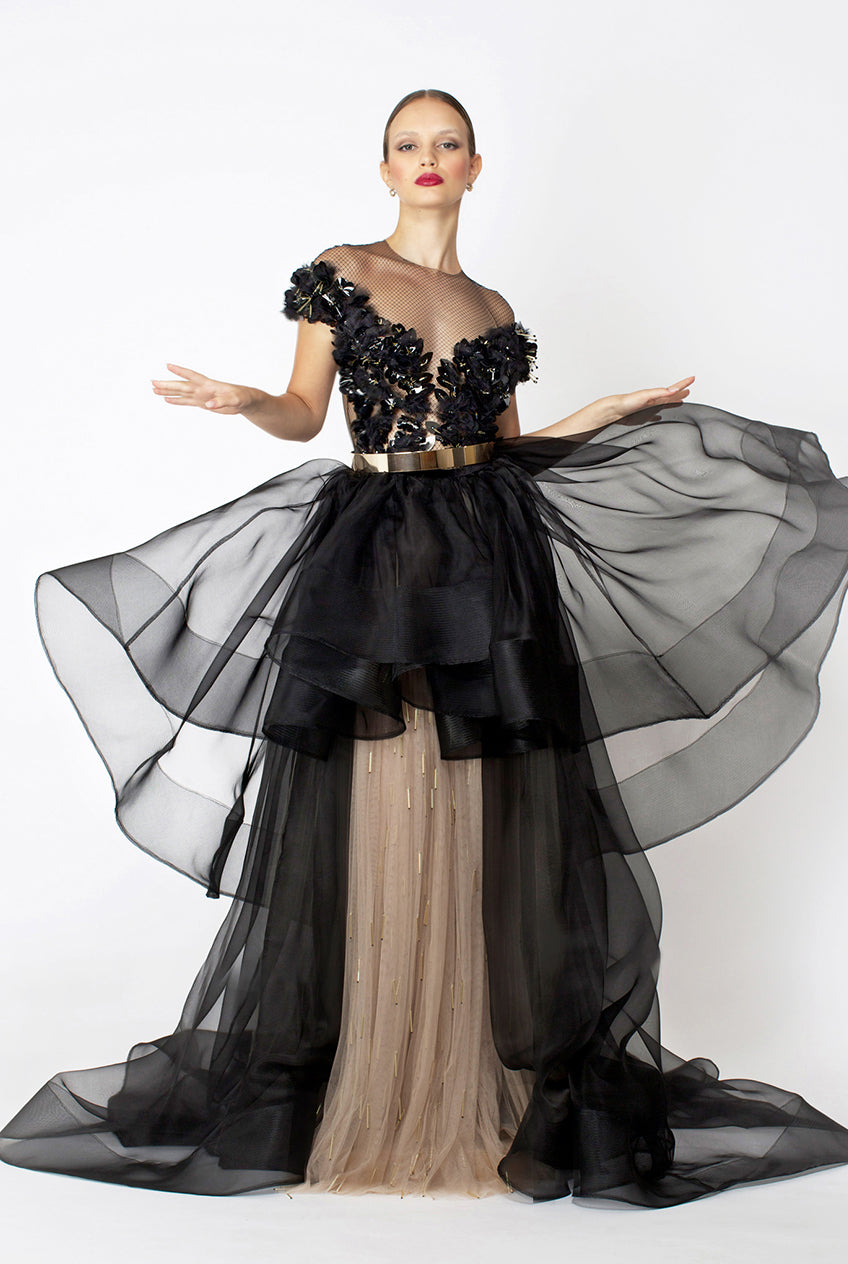 BLACK SILK ORGANZA LACK LEATHER SILK GOWN
