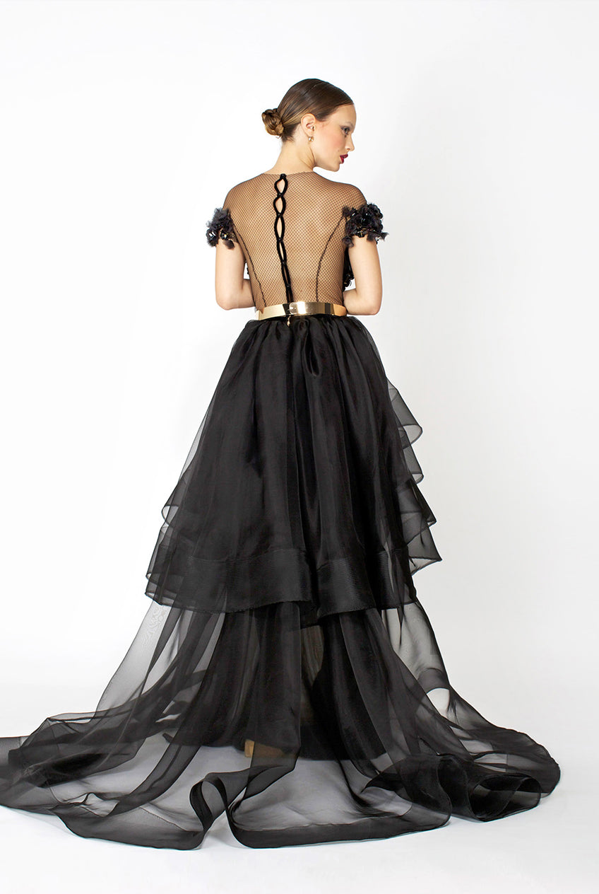 BLACK SILK ORGANZA LACK LEATHER SILK GOWN