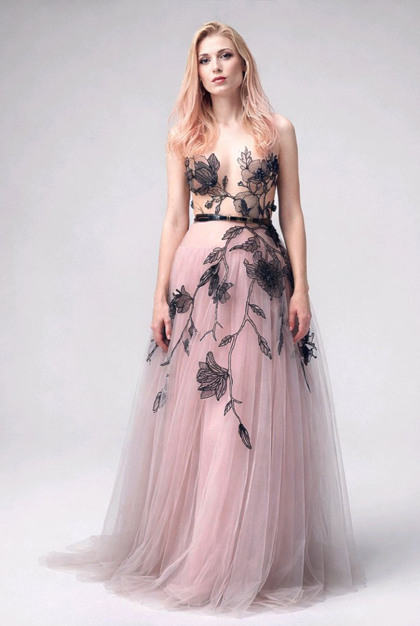 BLUSH BLACK HANDEMBROIDERED LACE TULLE DRESS