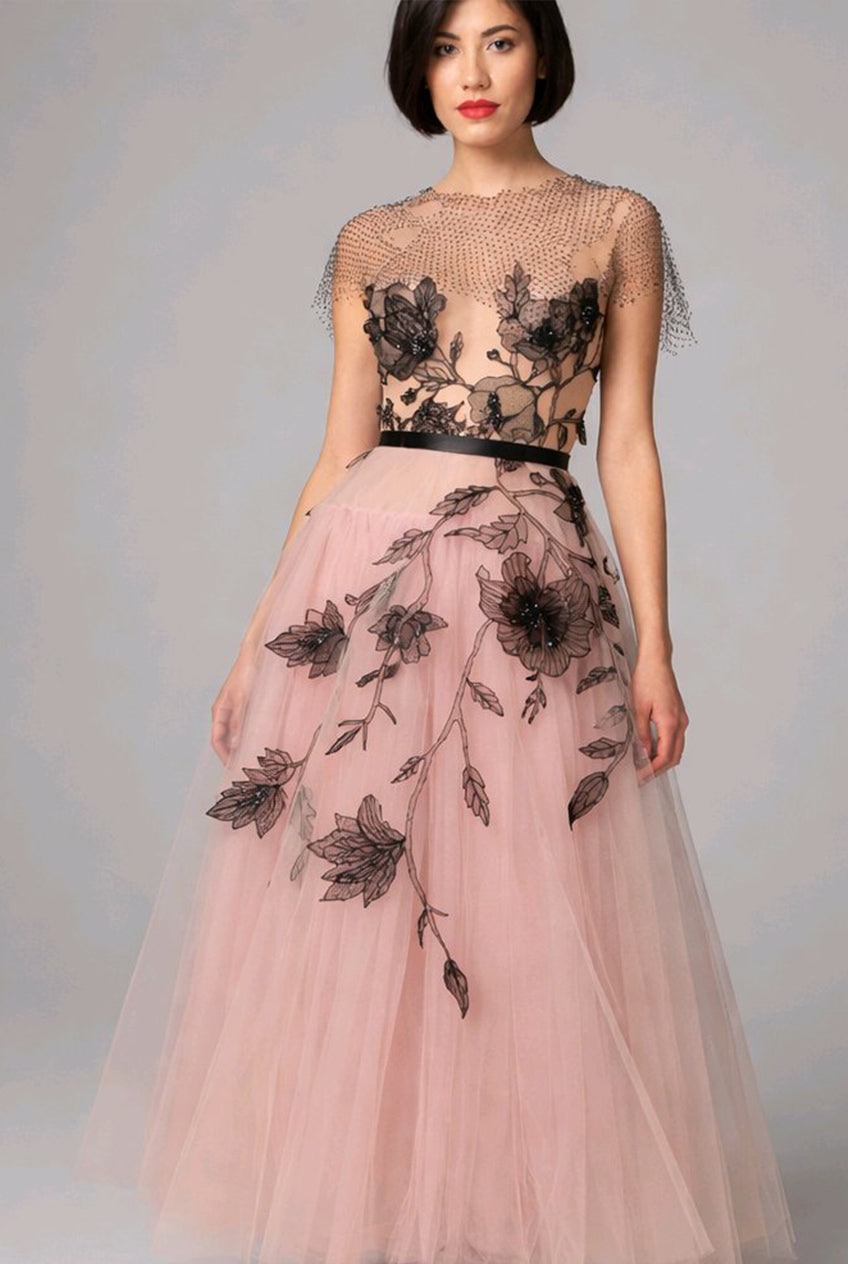 BLUSH BLACK HANDEMBROIDERED LACE TULLE DRESS