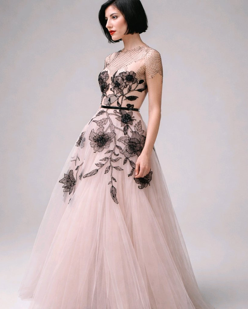 BLUSH BLACK HANDEMBROIDERED LACE TULLE DRESS