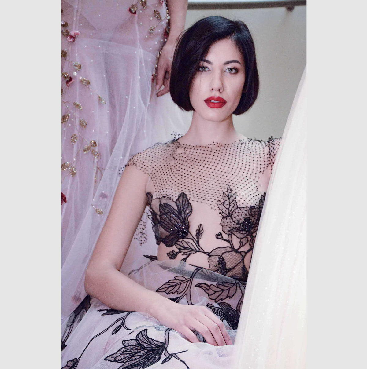 BLUSH BLACK HANDEMBROIDERED LACE TULLE DRESS