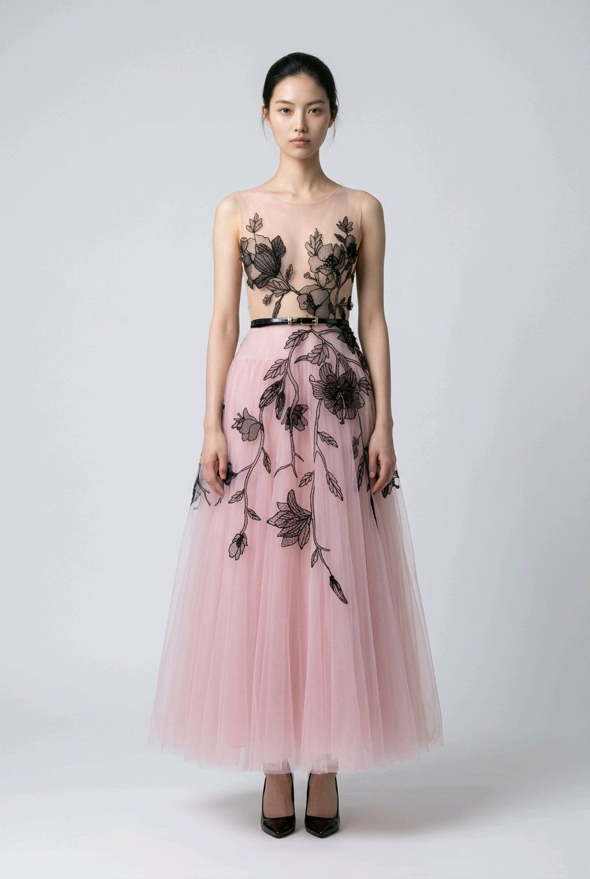 BLUSH BLACK HANDEMBROIDERED LACE TULLE DRESS