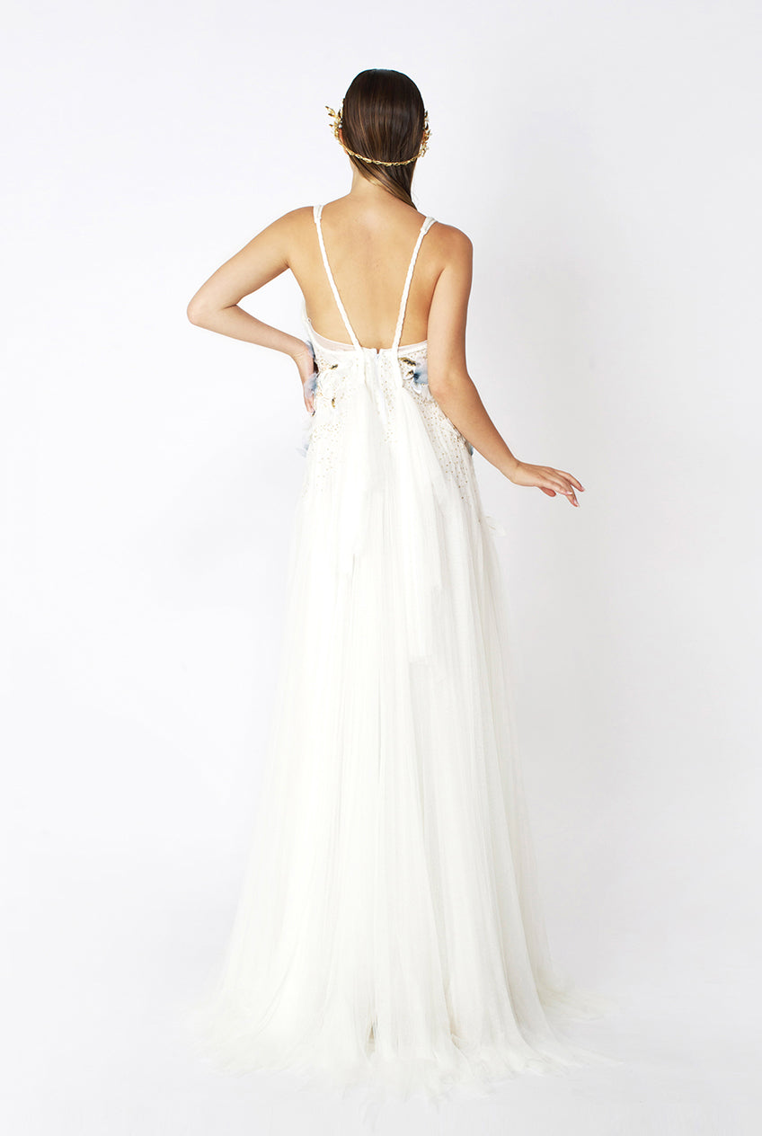 BRIDAL IVORY V NECK FORM EMBROIDERED TULLE GOWN