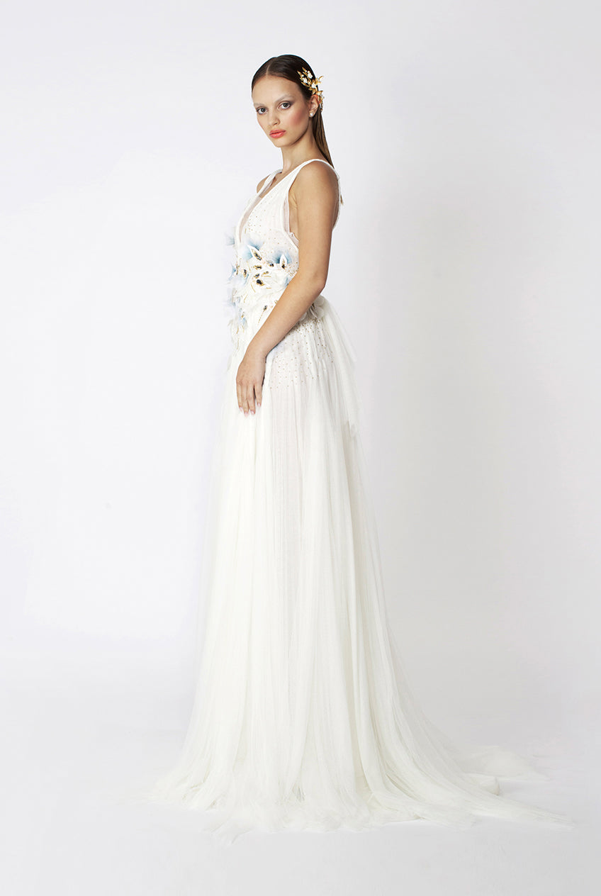 BRIDAL IVORY V NECK FORM EMBROIDERED TULLE GOWN