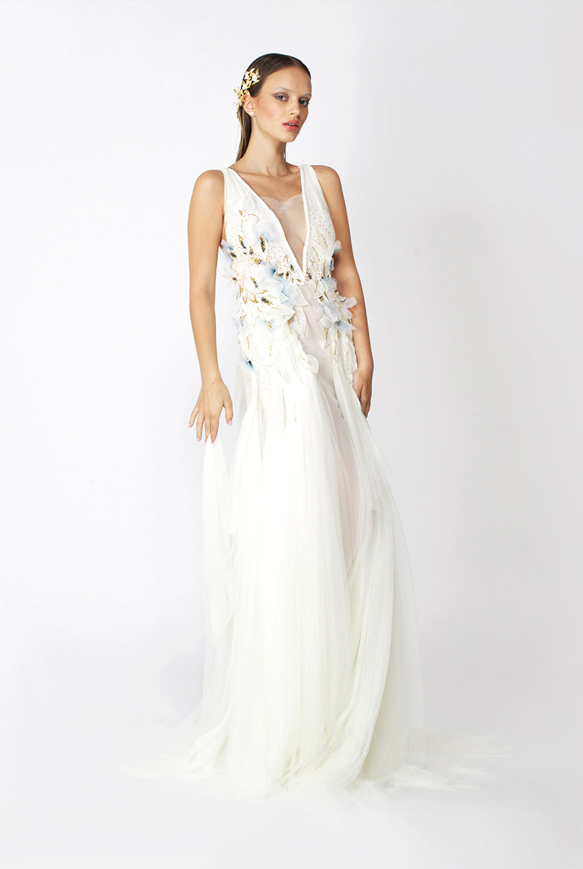 BRIDAL IVORY V NECK FORM EMBROIDERED TULLE GOWN