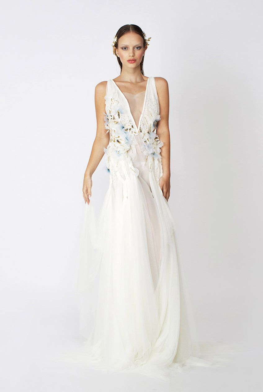 BRIDAL IVORY V NECK FORM EMBROIDERED TULLE GOWN