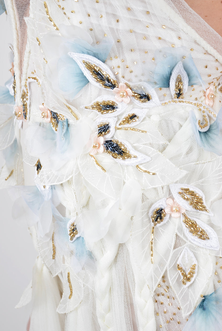BRIDAL IVORY V NECK FORM EMBROIDERED TULLE GOWN
