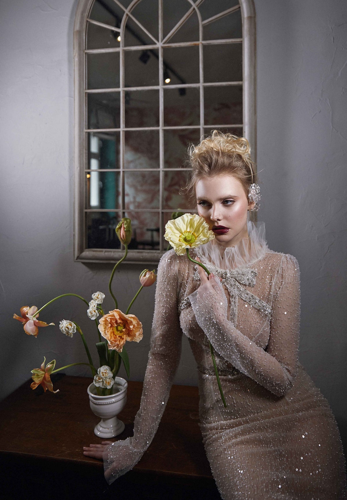 BRIDAL SEQUINS BOW TULLE EVENT GOWN
