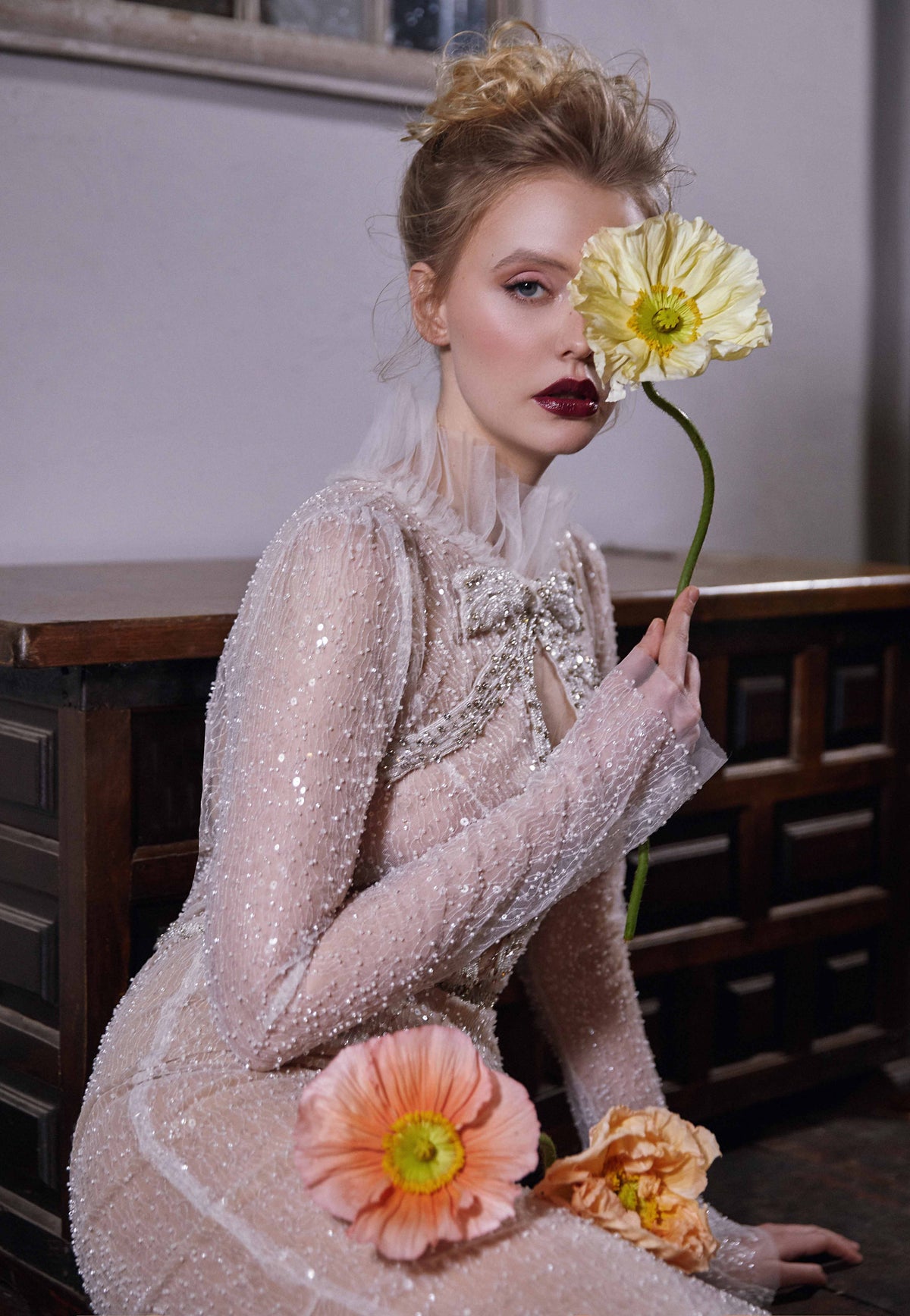 BRIDAL SEQUINS BOW TULLE EVENT GOWN