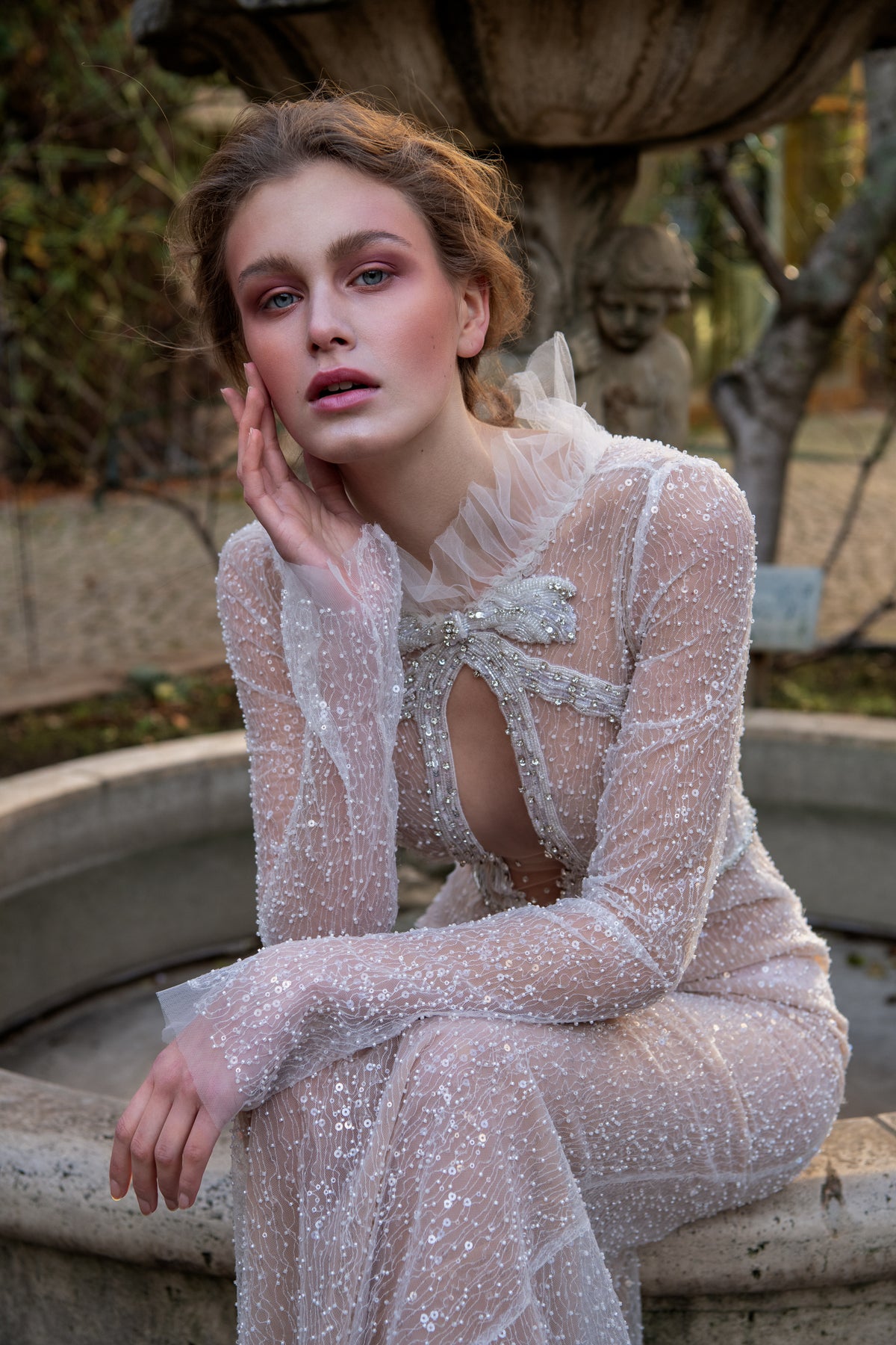 BRIDAL SEQUINS BOW TULLE EVENT GOWN