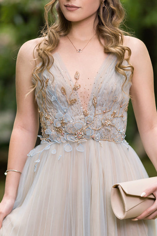 BRIDAL SKY BLUE GOLD EMBROIDERED PLEATED TULLE COCKTAIL DRESS