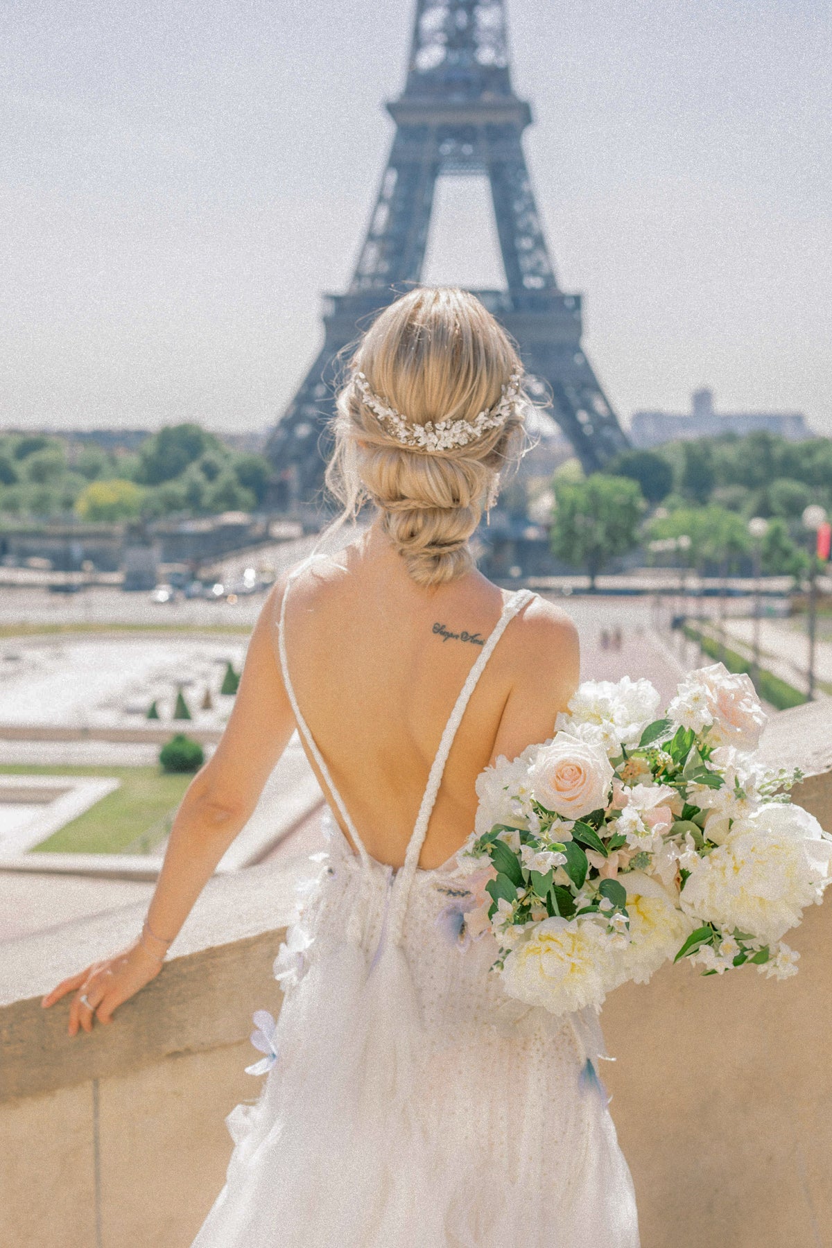 BRIDAL IVORY V NECK FORM EMBROIDERED TULLE GOWN