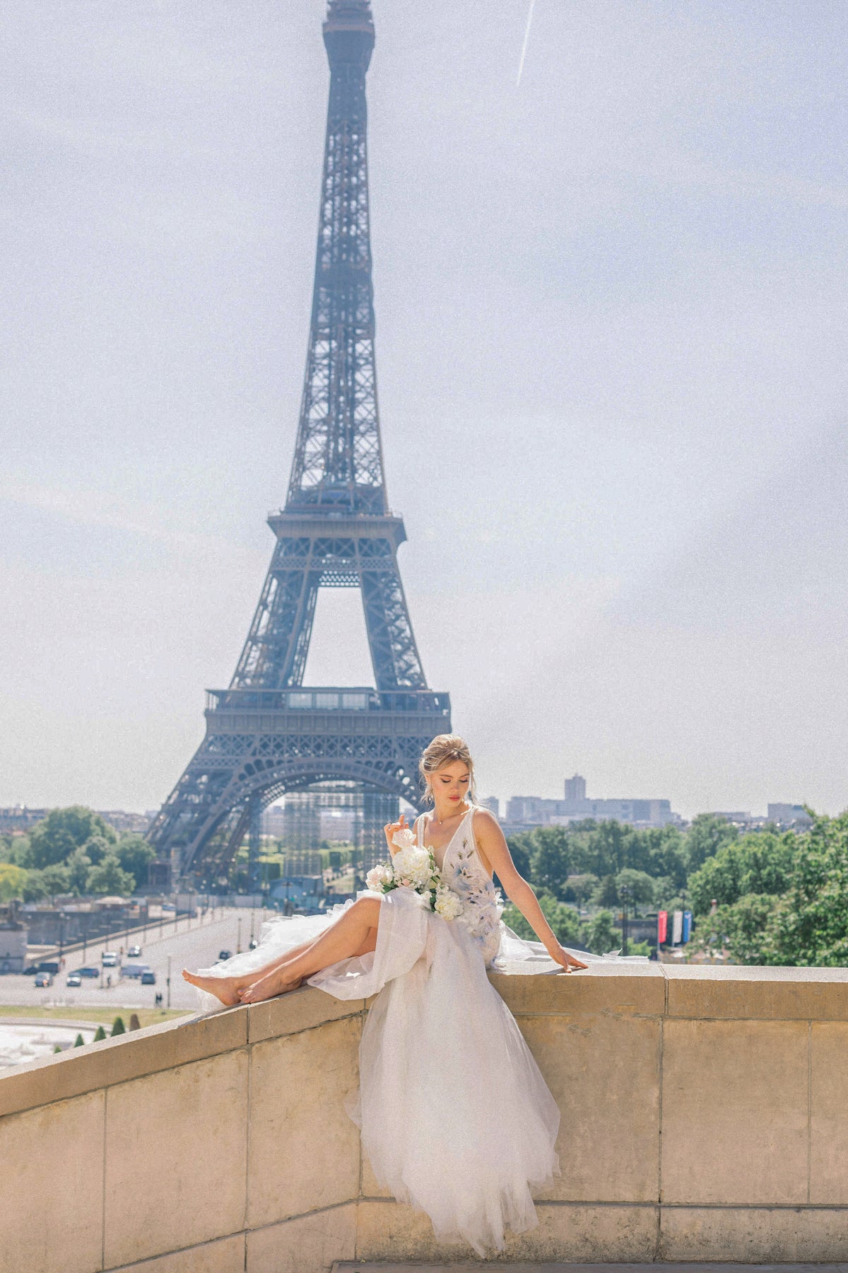 BRIDAL IVORY V NECK FORM EMBROIDERED TULLE GOWN