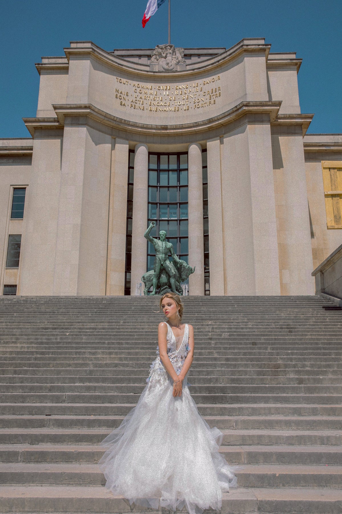 BRIDAL IVORY V NECK FORM EMBROIDERED TULLE GOWN