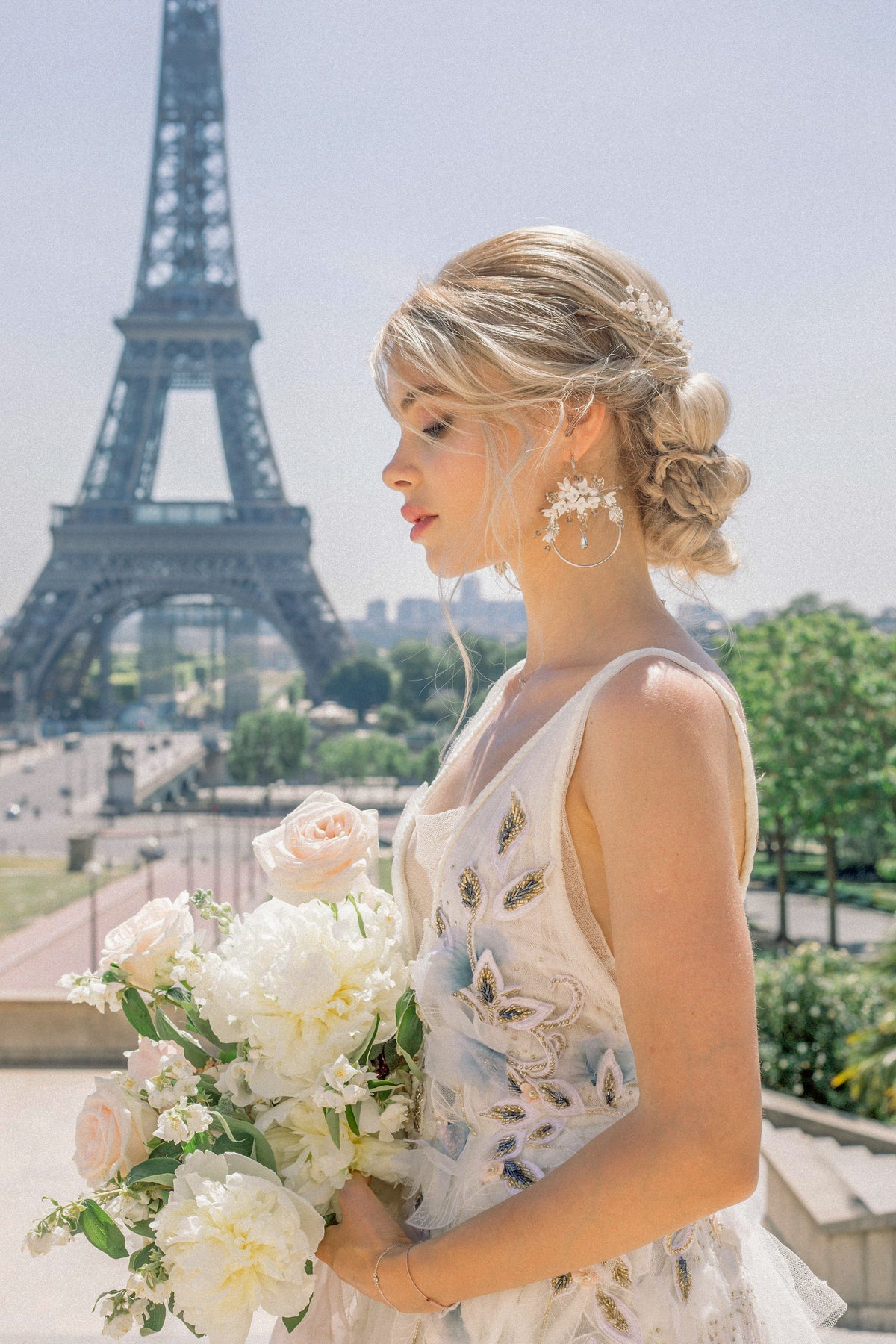 BRIDAL IVORY V NECK FORM EMBROIDERED TULLE GOWN
