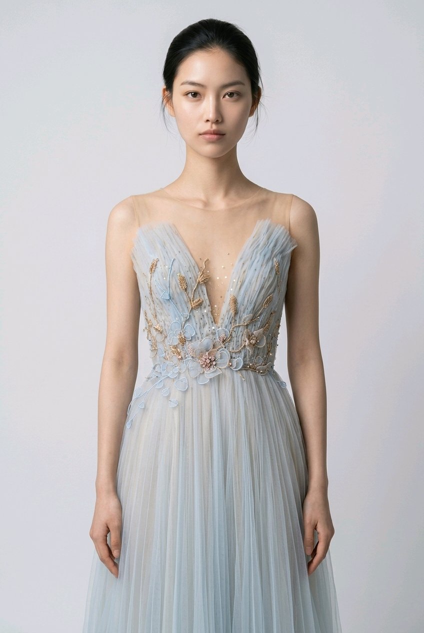 BRIDAL SKY BLUE GOLD EMBROIDERED PLEATED TULLE COCKTAIL DRESS