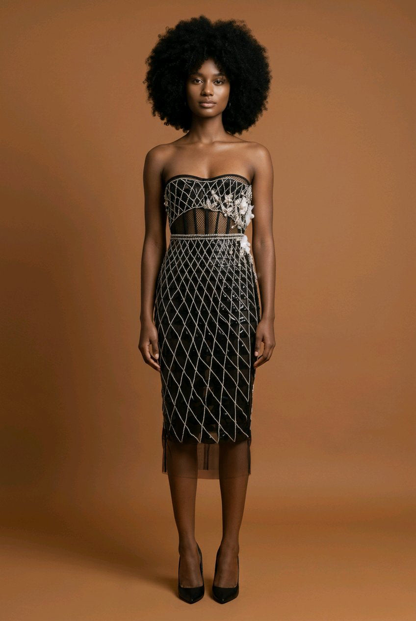 GEOMETRICK BLACK LACK LEATHER COCKTAIL DRESS
