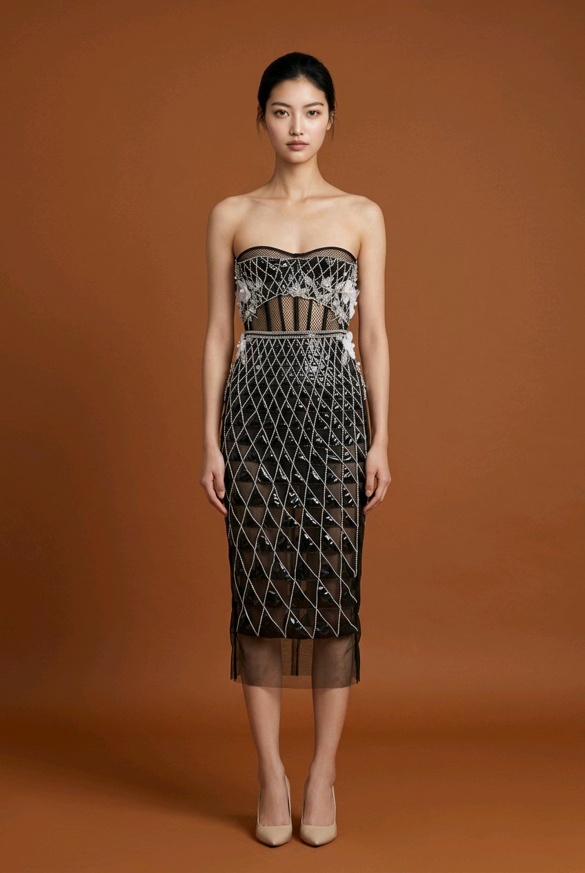 GEOMETRICK BLACK LACK LEATHER COCKTAIL DRESS