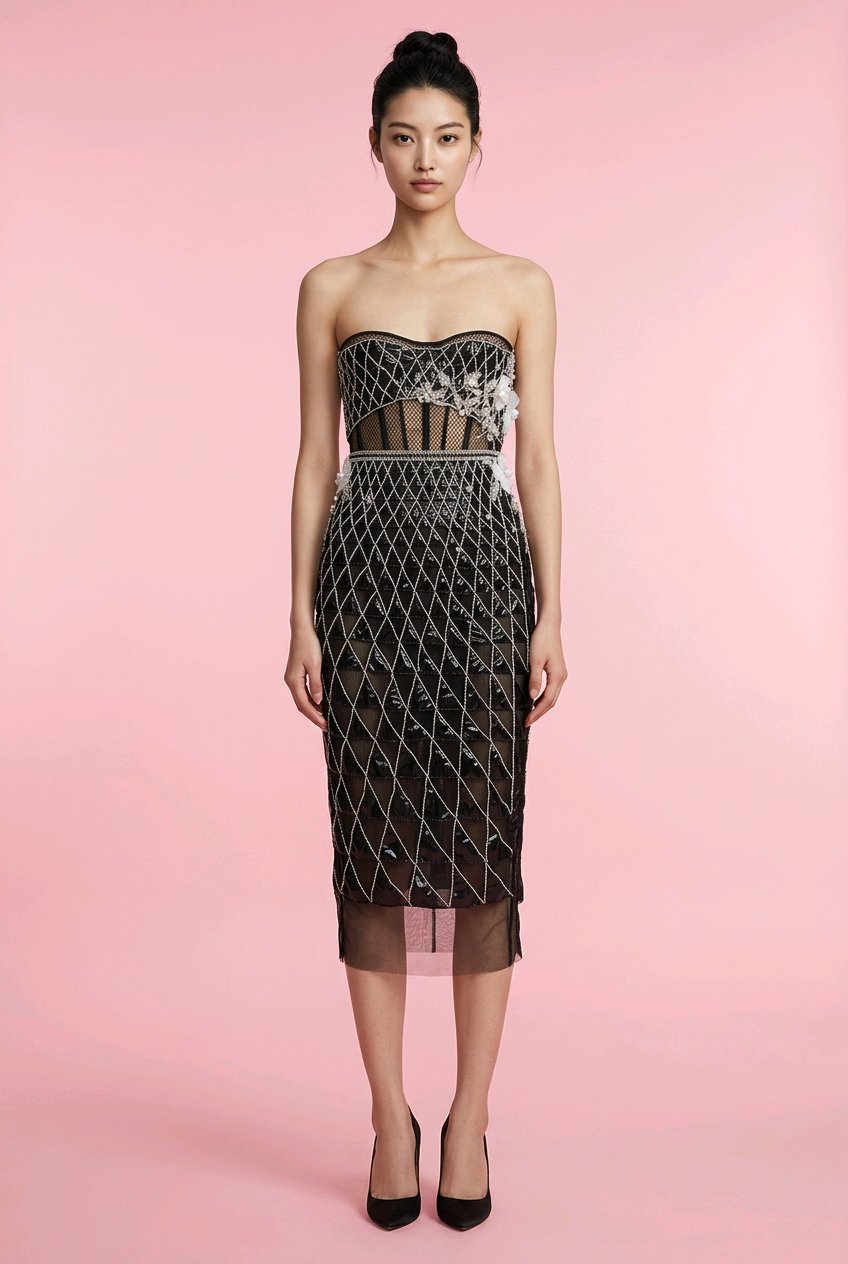 GEOMETRICK BLACK LACK LEATHER COCKTAIL DRESS