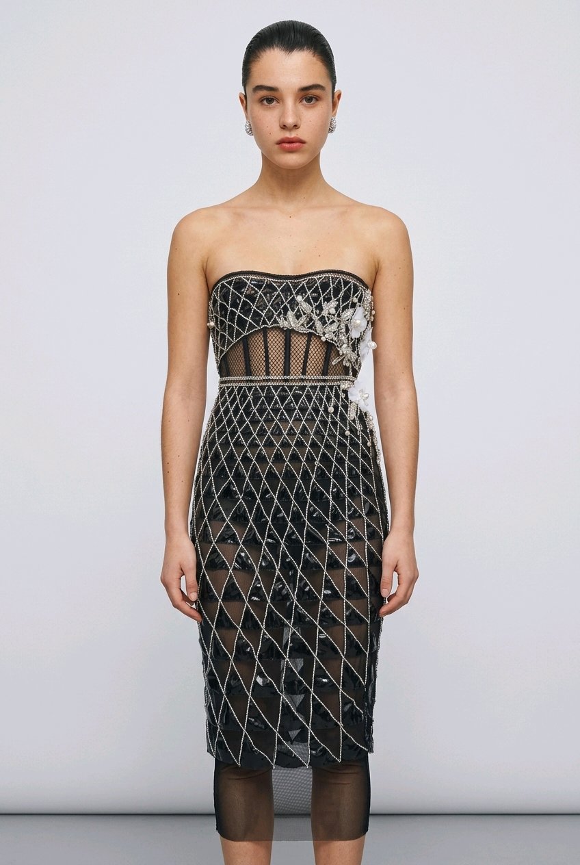 GEOMETRICK BLACK LACK LEATHER COCKTAIL DRESS