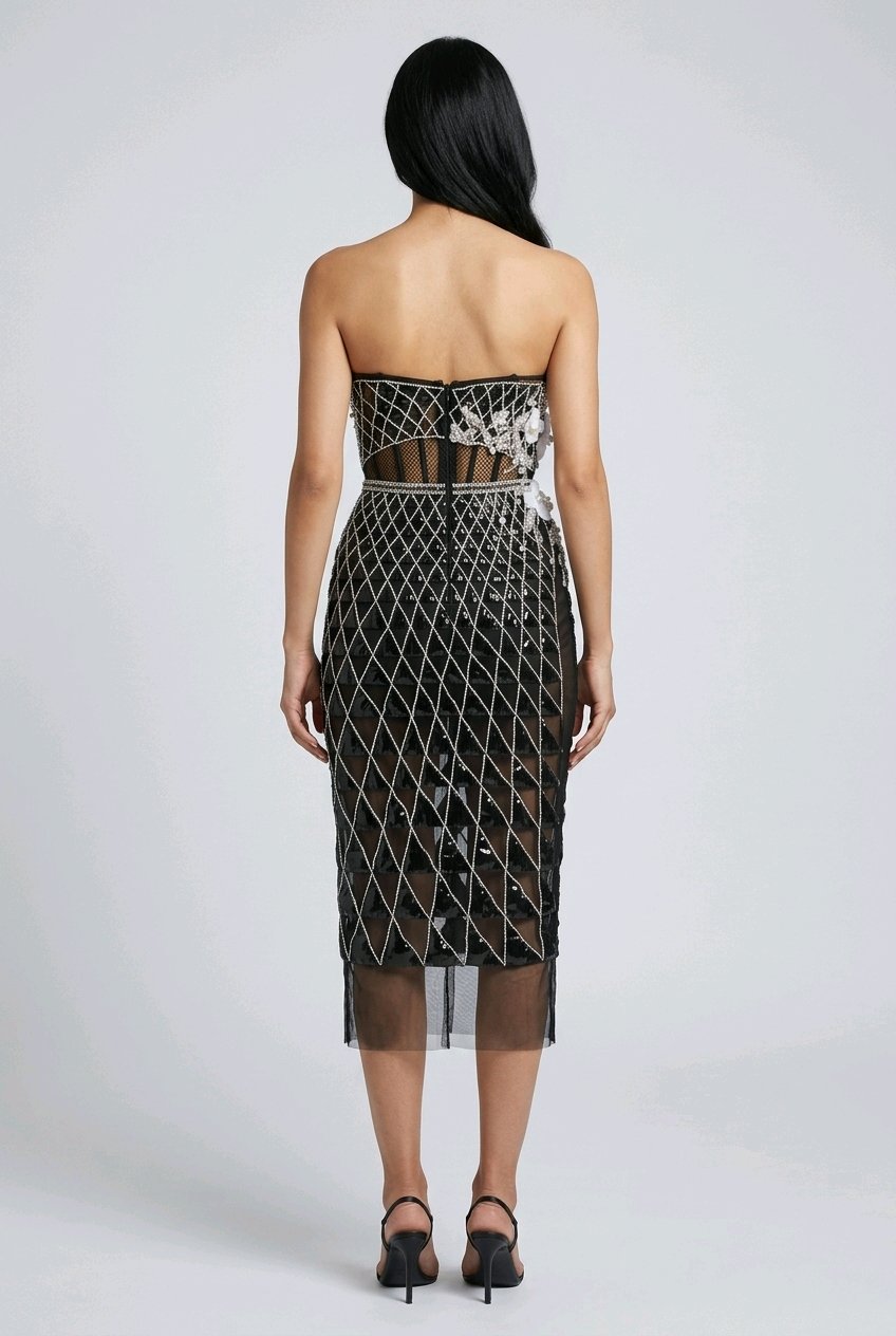 GEOMETRICK BLACK LACK LEATHER COCKTAIL DRESS