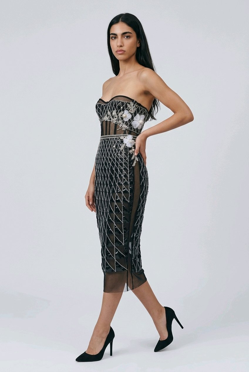 GEOMETRICK BLACK LACK LEATHER COCKTAIL DRESS