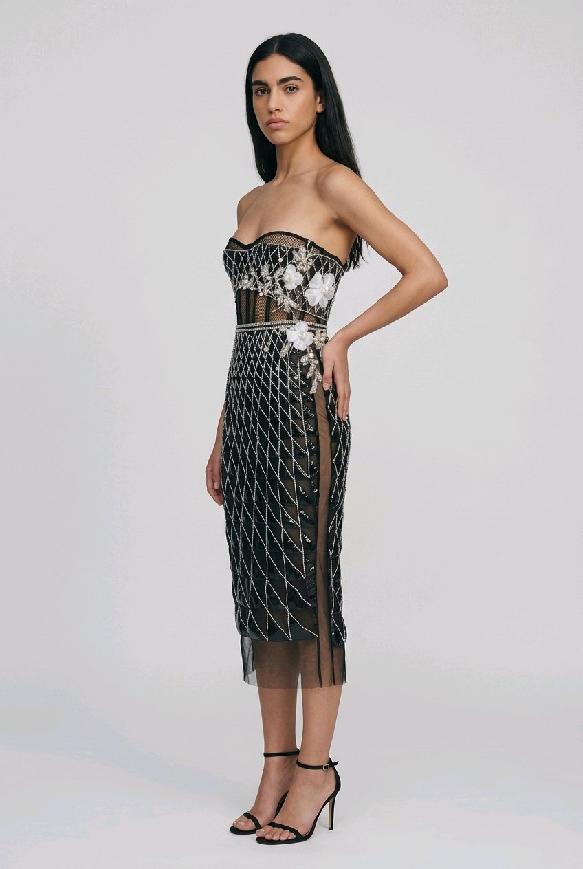 GEOMETRICK BLACK LACK LEATHER COCKTAIL DRESS