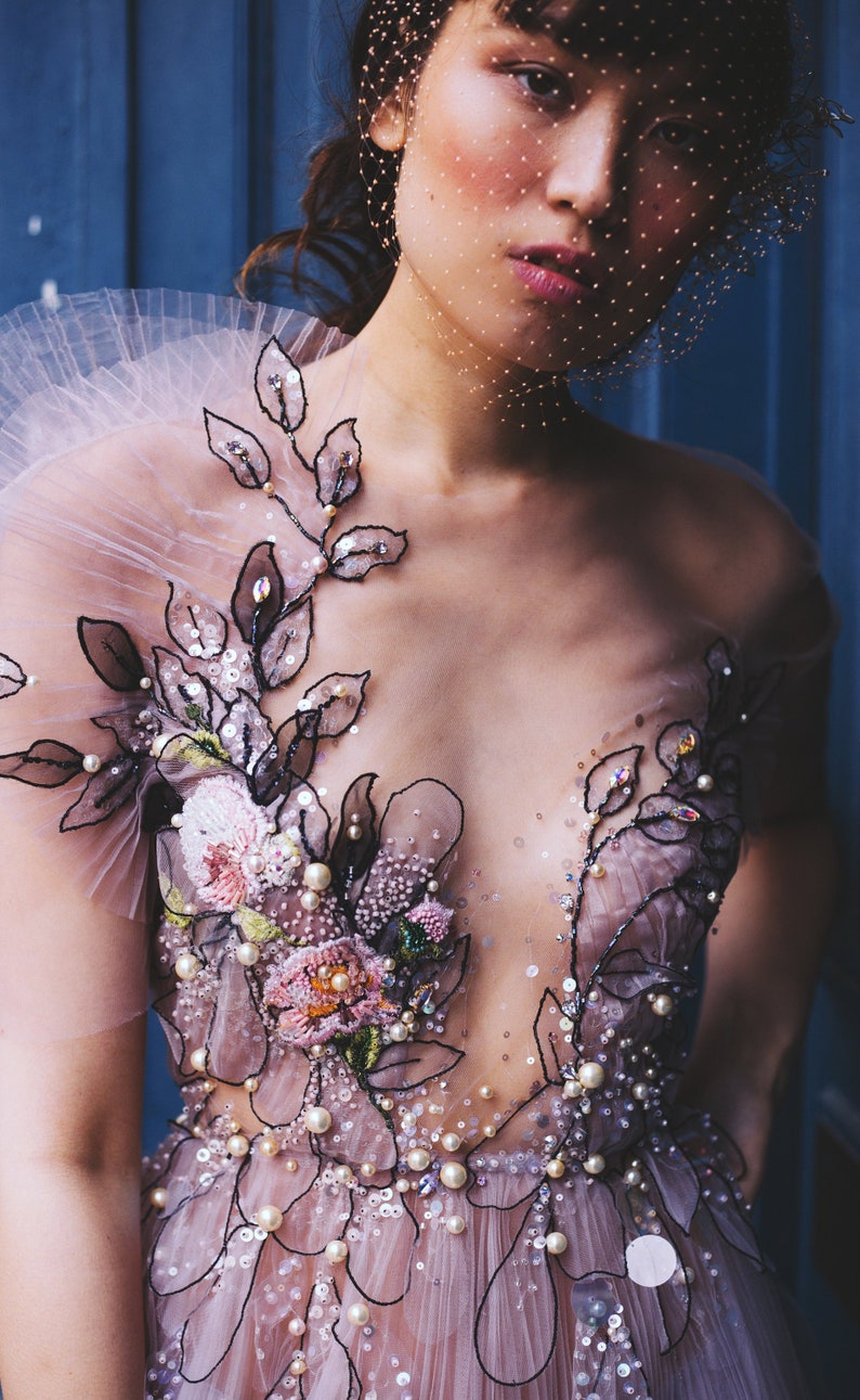 LAVANDEL BLACK LEAVES EMBROIDERED BRIDAL COCKTAIL DRESS