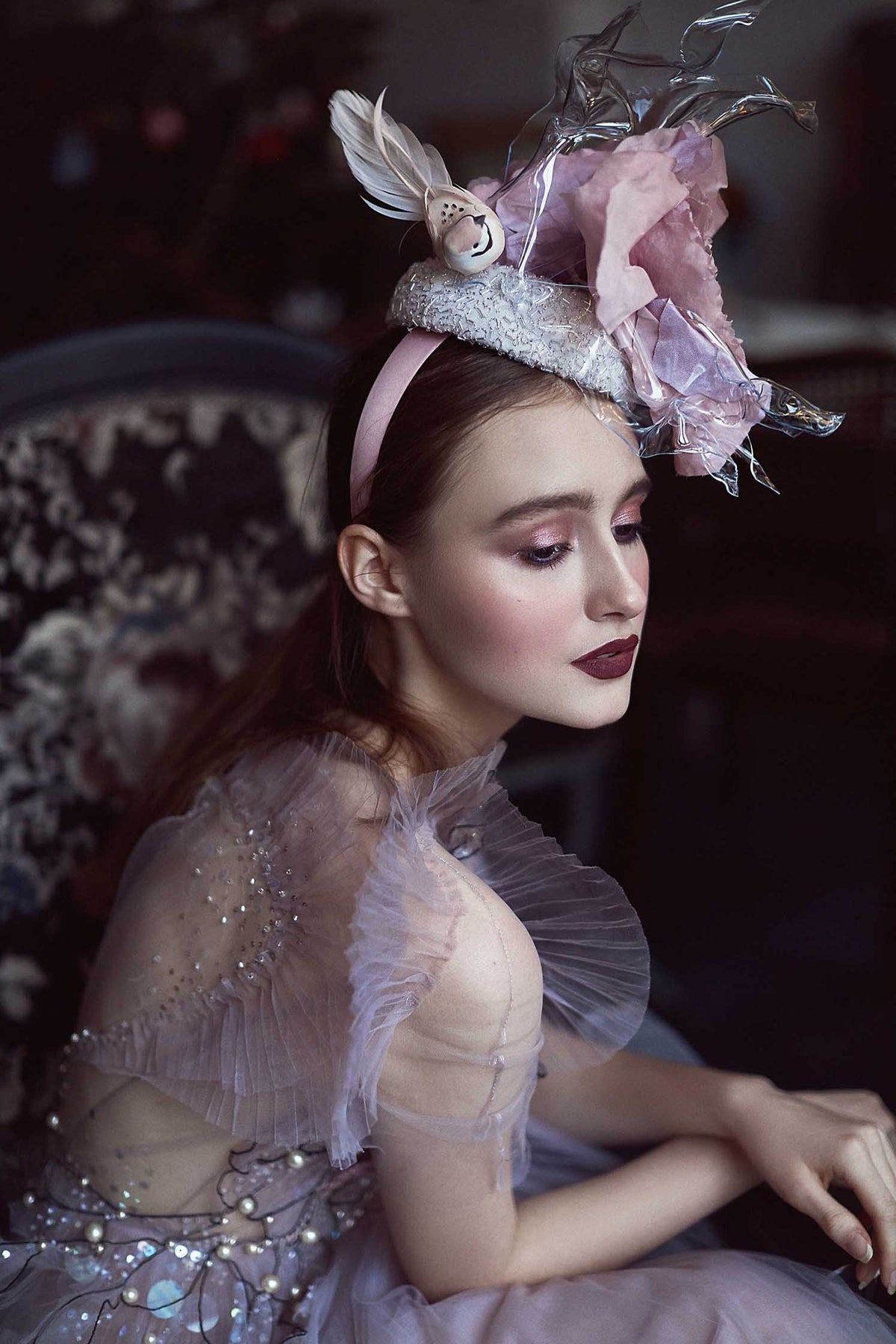 LAVANDEL BLACK LEAVES EMBROIDERED BRIDAL COCKTAIL DRESS