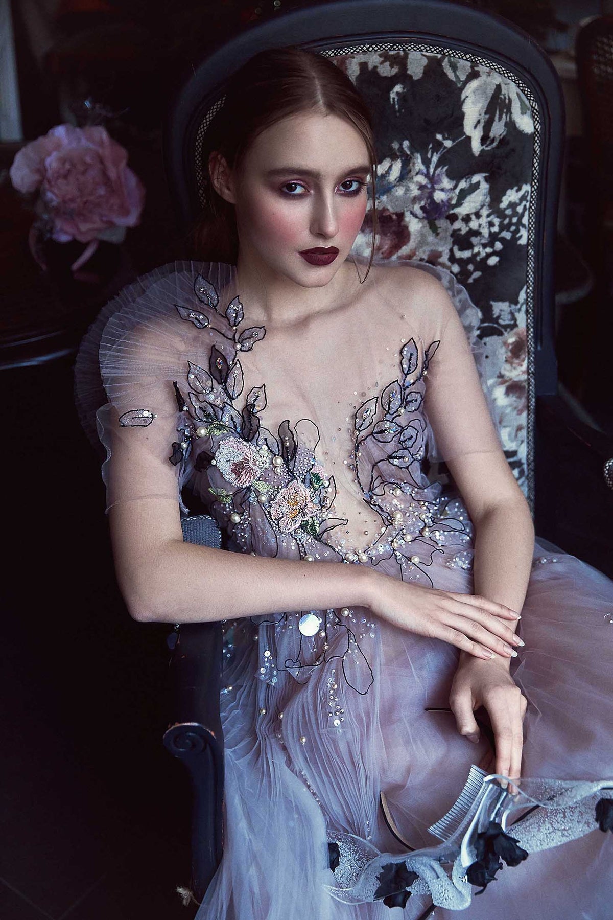 LAVANDEL BLACK LEAVES EMBROIDERED BRIDAL COCKTAIL DRESS