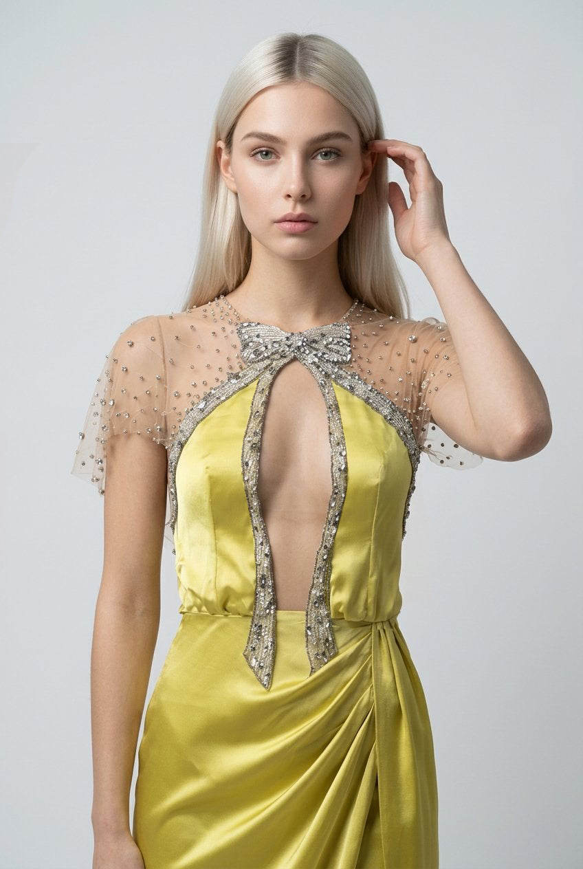 LEMON GREEN SILK SATIN BOW EMBROIDERED LONG DRESS