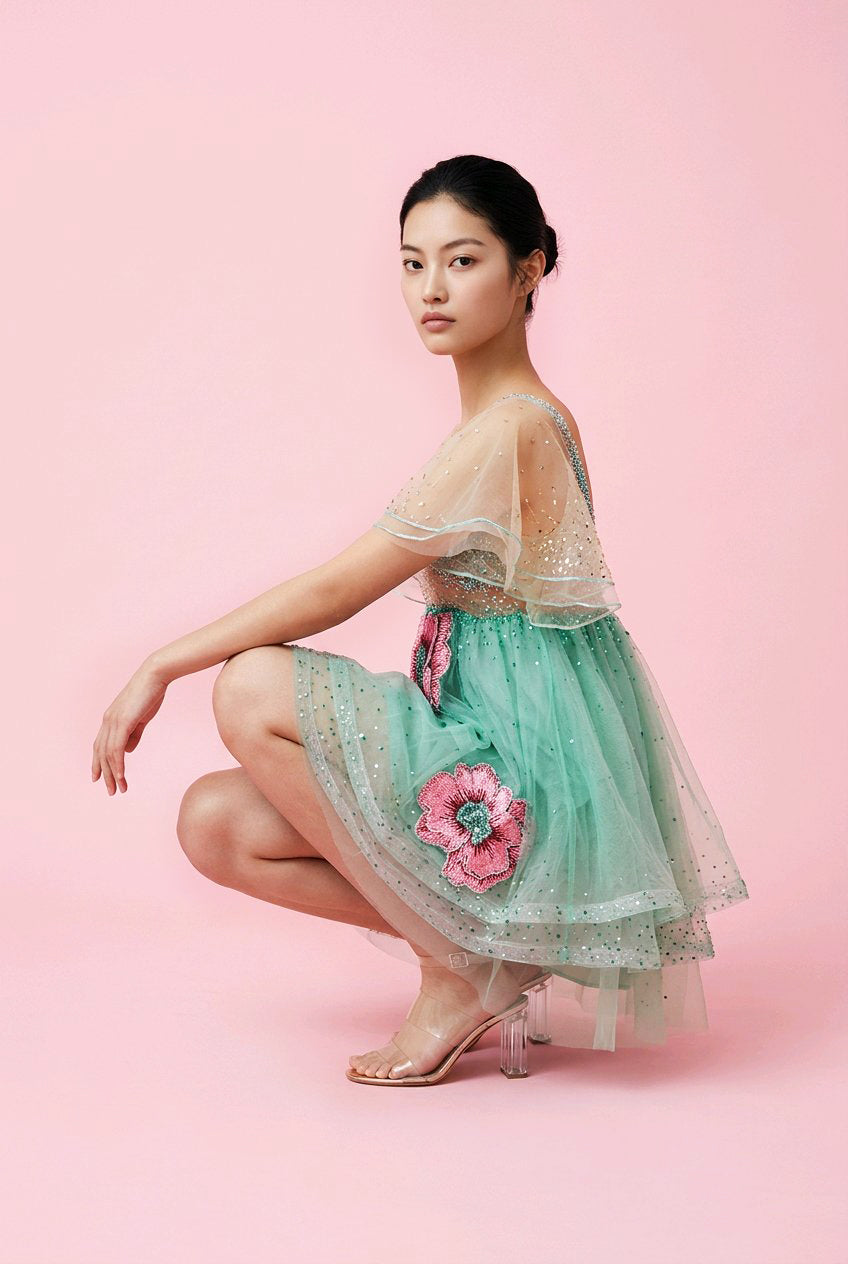 MINT FLOWERS EMBROIDERED MINI COCKTAIL DRESS