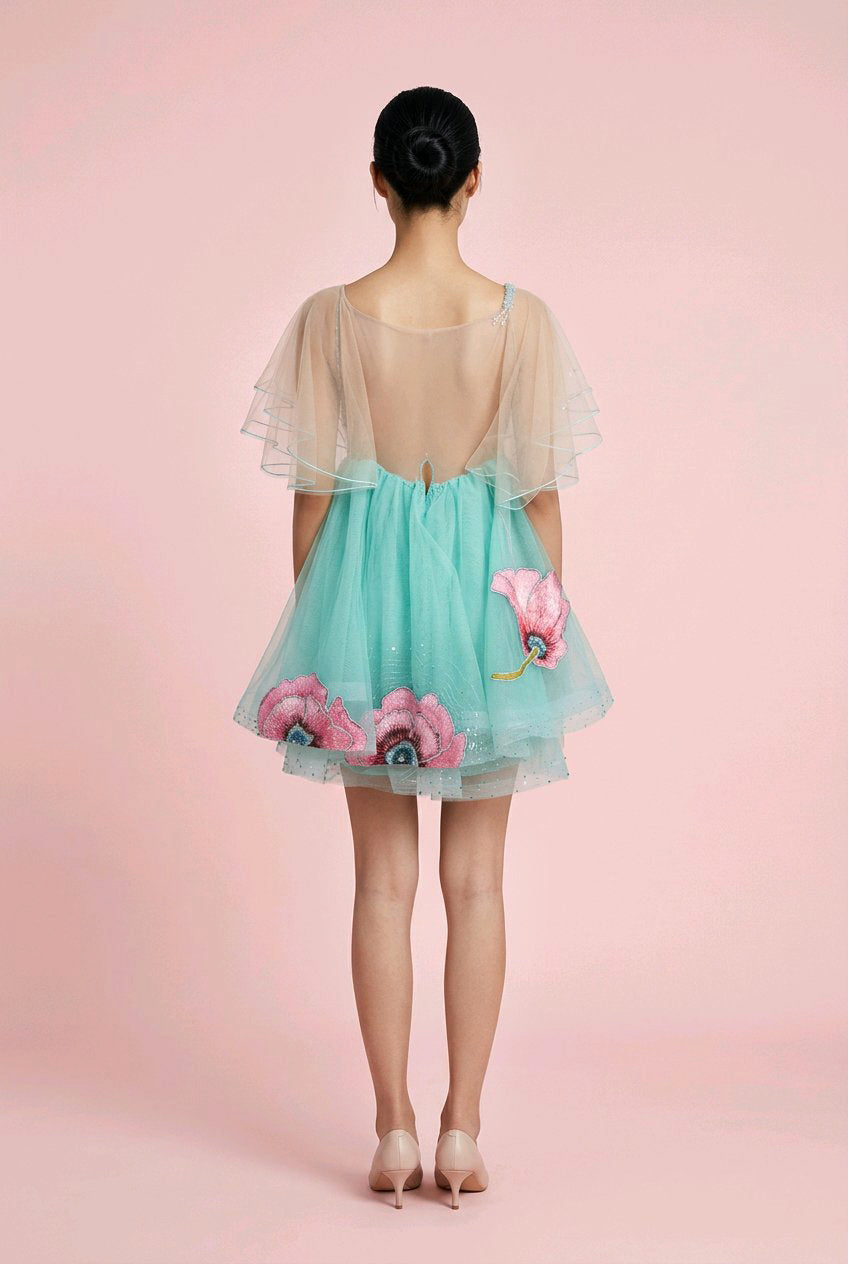 MINT FLOWERS EMBROIDERED MINI COCKTAIL DRESS