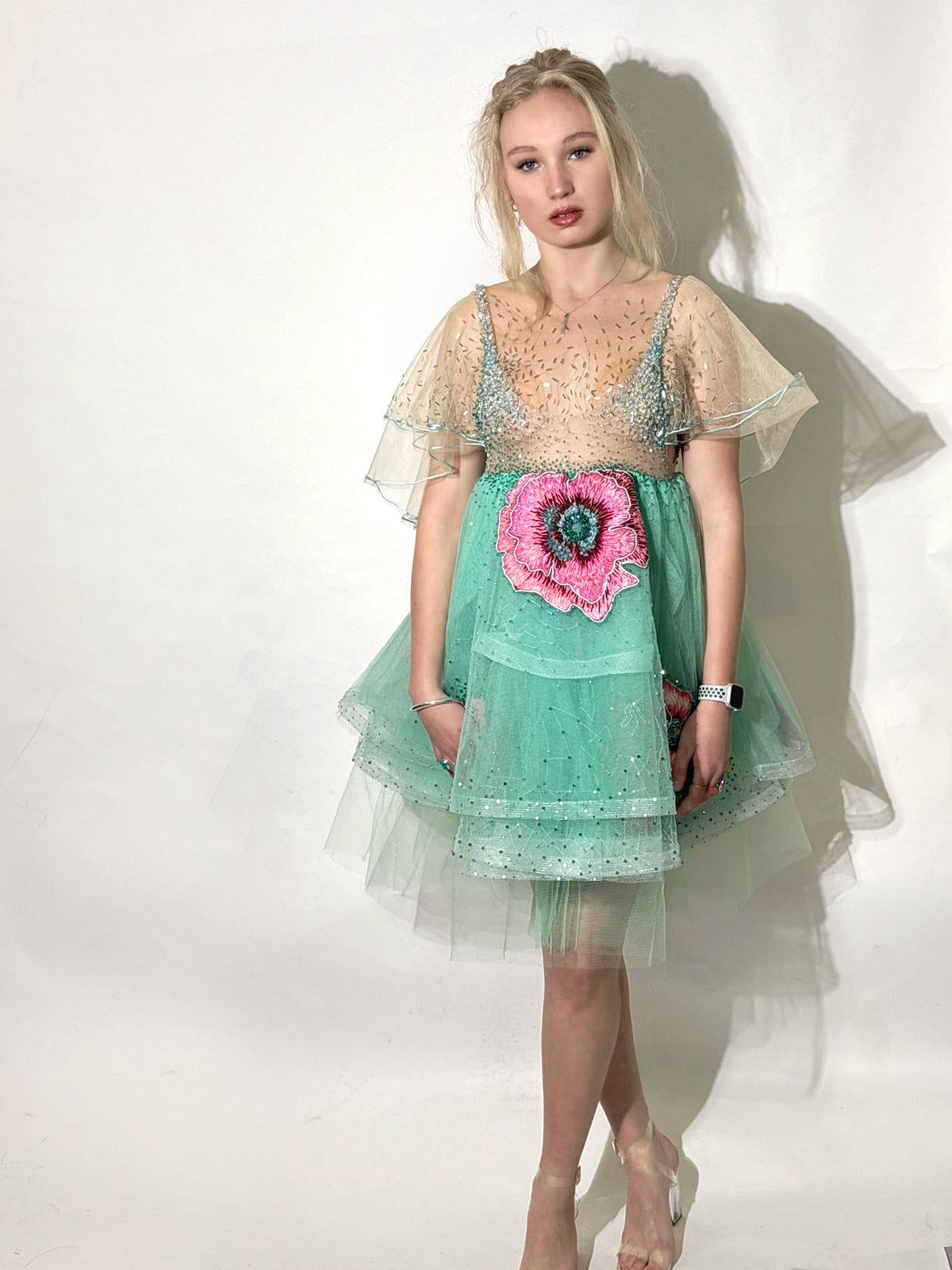 MINT FLOWERS EMBROIDERED MINI COCKTAIL DRESS