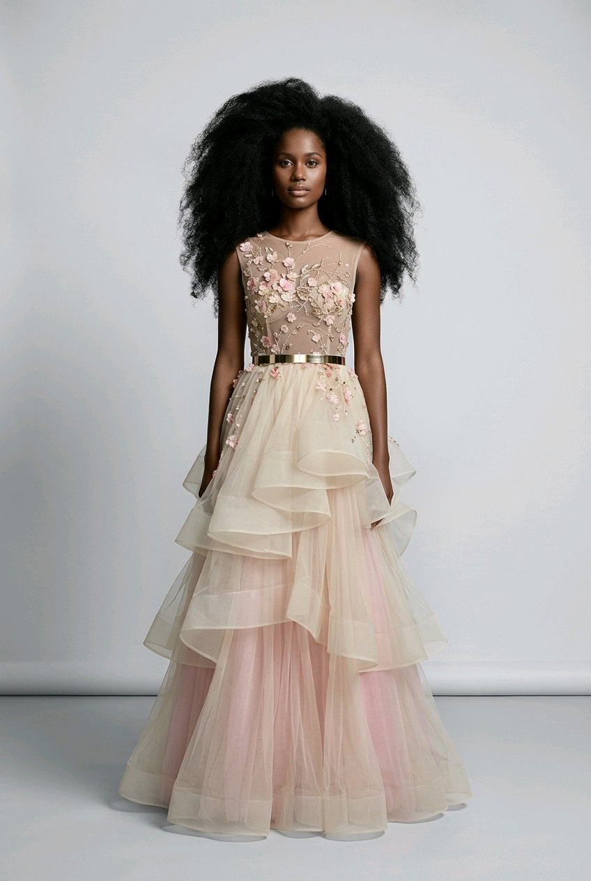 NUDE BLUSH MIXED VOALS TULLE BRIDAL GOWN