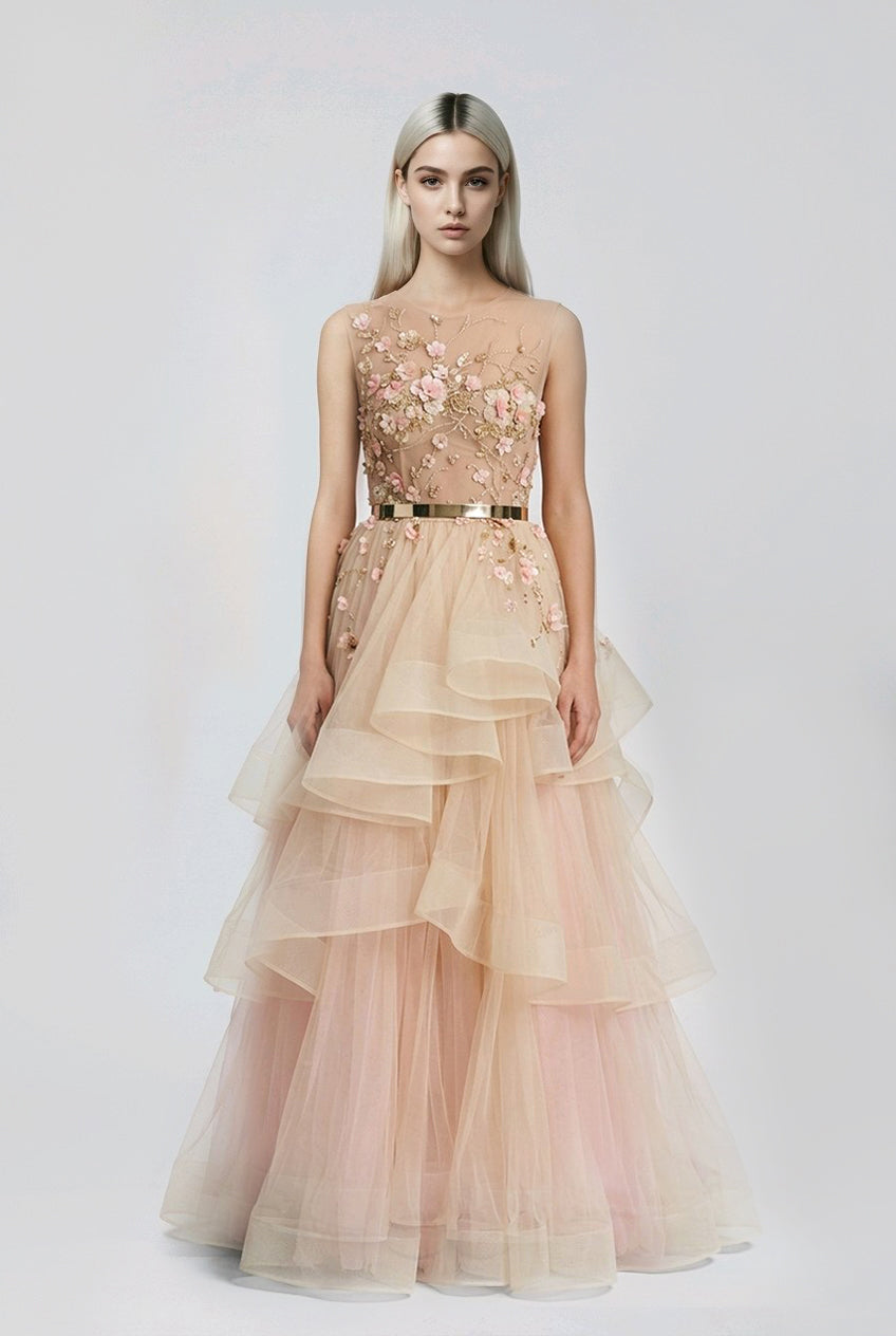 NUDE BLUSH MIXED VOALS TULLE BRIDAL GOWN