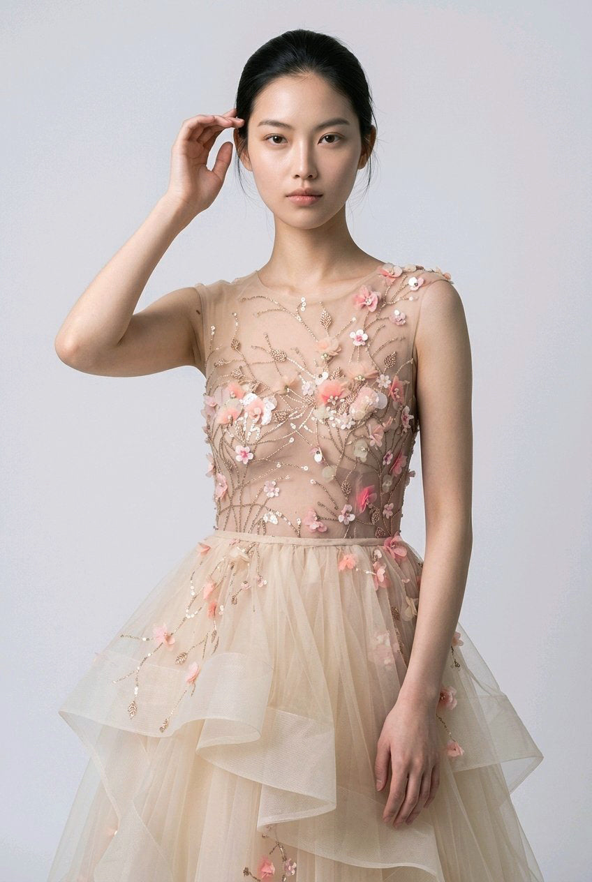 NUDE BLUSH MIXED VOALS TULLE BRIDAL GOWN