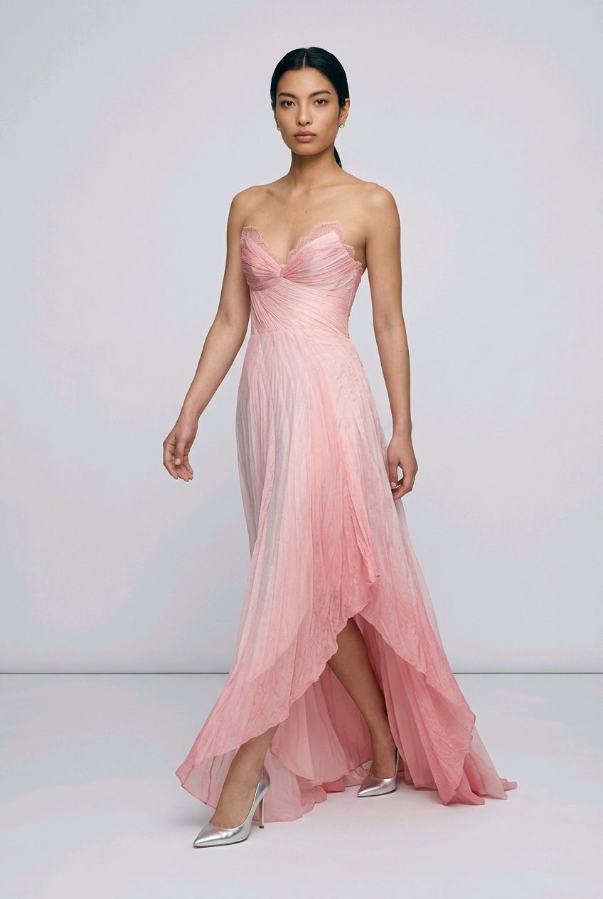 LIGHT PINK SILK CHIFFON PLEATED CORSET COCKTAIL DRESS